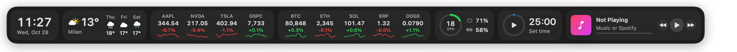 ErDock above the Dock: clock, weather, stocks, crypto, system stats, focus timer and Now Playing